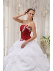 White and Wine Red Ball Gown Strapless Floor-length Taffeta and Organza Appliques Quinceanera Dress