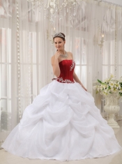 White and Wine Red Ball Gown Strapless Floor-length Taffeta and Organza Appliques Quinceanera Dress