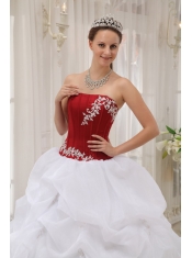 White and Wine Red Ball Gown Strapless Floor-length Taffeta and Organza Appliques Quinceanera Dress