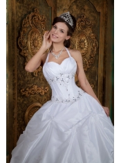 White Ball Gown Halter Floor-length Taffeta Beading Quinceanera Dress