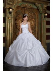 White Ball Gown Halter Floor-length Taffeta Beading Quinceanera Dress