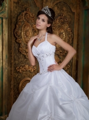 White Ball Gown Halter Floor-length Taffeta Beading Quinceanera Dress