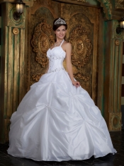 White Ball Gown Halter Floor-length Taffeta Beading Quinceanera Dress