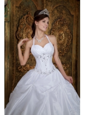 White Ball Gown Halter Floor-length Taffeta Beading Quinceanera Dress