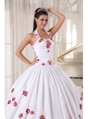 White Ball Gown Halter Floor-length Taffeta Embroidery Quinceanera Dress