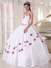 White Ball Gown Halter Floor-length Taffeta Embroidery Quinceanera Dress