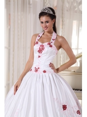 White Ball Gown Halter Floor-length Taffeta Embroidery Quinceanera Dress