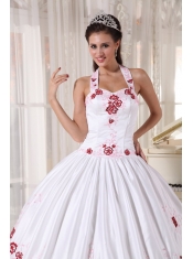 White Ball Gown Halter Floor-length Taffeta Embroidery Quinceanera Dress