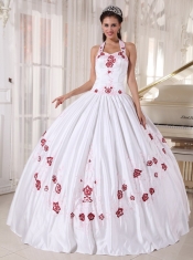 White Ball Gown Halter Floor-length Taffeta Embroidery Quinceanera Dress