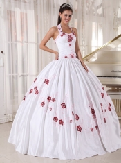 White Ball Gown Halter Floor-length Taffeta Embroidery Quinceanera Dress