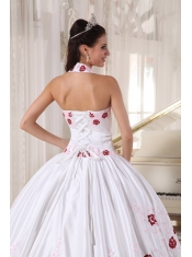 White Ball Gown Halter Floor-length Taffeta Embroidery Quinceanera Dress