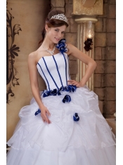 White Ball Gown One Shoulder Floor-length Satin and Tulle Hand Flowers Quinceanera Dress