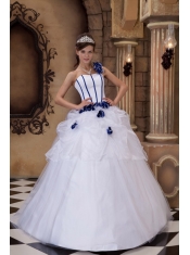 White Ball Gown One Shoulder Floor-length Satin and Tulle Hand Flowers Quinceanera Dress