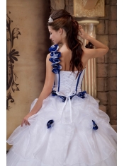 White Ball Gown One Shoulder Floor-length Satin and Tulle Hand Flowers Quinceanera Dress