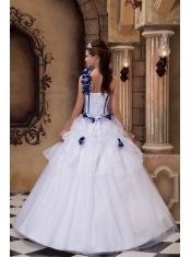 White Ball Gown One Shoulder Floor-length Satin and Tulle Hand Flowers Quinceanera Dress