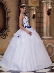 White Ball Gown One Shoulder Floor-length Satin and Tulle Hand Flowers Quinceanera Dress