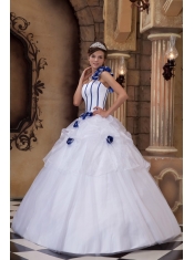 White Ball Gown One Shoulder Floor-length Satin and Tulle Hand Flowers Quinceanera Dress