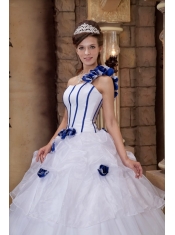 White Ball Gown One Shoulder Floor-length Satin and Tulle Hand Flowers Quinceanera Dress