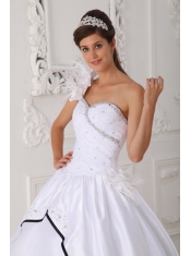 White Ball Gown One Shoulder Floor-length Taffeta and Organza Beading Quinceanera Dress