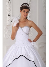 White Ball Gown One Shoulder Floor-length Taffeta and Organza Beading Quinceanera Dress