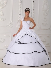 White Ball Gown One Shoulder Floor-length Taffeta and Organza Beading Quinceanera Dress