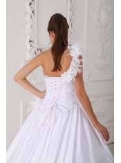 White Ball Gown One Shoulder Floor-length Taffeta and Organza Beading Quinceanera Dress