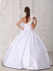 White Ball Gown One Shoulder Floor-length Taffeta and Organza Beading Quinceanera Dress