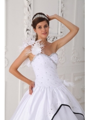 White Ball Gown One Shoulder Floor-length Taffeta and Organza Beading Quinceanera Dress