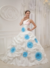 White Ball Gown One Shoulder Floor-length Taffeta Beading and Hand Made Flowers Quinceanera Dress