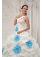 White Ball Gown One Shoulder Floor-length Taffeta Beading and Hand Made Flowers Quinceanera Dress