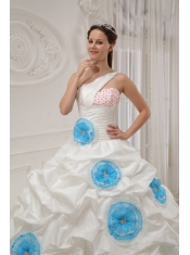 White Ball Gown One Shoulder Floor-length Taffeta Beading and Hand Made Flowers Quinceanera Dress