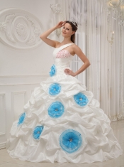 White Ball Gown One Shoulder Floor-length Taffeta Beading and Hand Made Flowers Quinceanera Dress