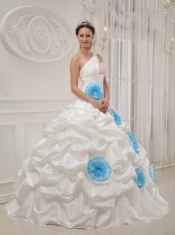 White Ball Gown One Shoulder Floor-length Taffeta Beading and Hand Made Flowers Quinceanera Dress