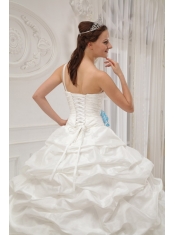 White Ball Gown One Shoulder Floor-length Taffeta Beading and Hand Made Flowers Quinceanera Dress