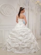 White Ball Gown One Shoulder Floor-length Taffeta Beading and Hand Made Flowers Quinceanera Dress