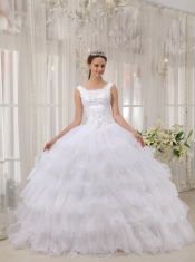 White Ball Gown Scoop Floor-length Satin and Organza Appliques Quinceanera Dress