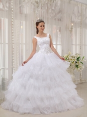 White Ball Gown Scoop Floor-length Satin and Organza Appliques Quinceanera Dress