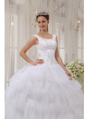 White Ball Gown Scoop Floor-length Satin and Organza Appliques Quinceanera Dress