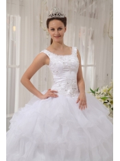 White Ball Gown Scoop Floor-length Satin and Organza Appliques Quinceanera Dress