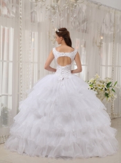 White Ball Gown Scoop Floor-length Satin and Organza Appliques Quinceanera Dress