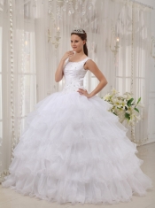 White Ball Gown Scoop Floor-length Satin and Organza Appliques Quinceanera Dress