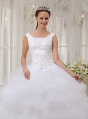 White Ball Gown Scoop Floor-length Satin and Organza Appliques Quinceanera Dress