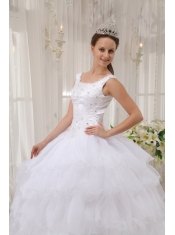 White Ball Gown Scoop Floor-length Satin and Organza Appliques Quinceanera Dress