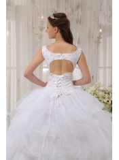 White Ball Gown Scoop Floor-length Satin and Organza Appliques Quinceanera Dress