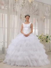 White Ball Gown Scoop Floor-length Satin and Organza Appliques Quinceanera Dress