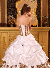 White Ball Gown Strapless Brush Train Taffeta and Zebra Quinceanera Dress