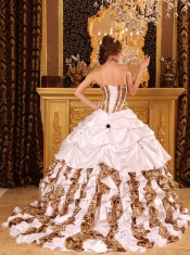 White Ball Gown Strapless Brush Train Taffeta and Zebra Quinceanera Dress
