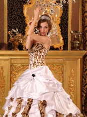 White Ball Gown Strapless Brush Train Taffeta and Zebra Quinceanera Dress