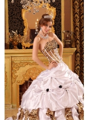 White Ball Gown Strapless Brush Train Taffeta and Zebra Quinceanera Dress