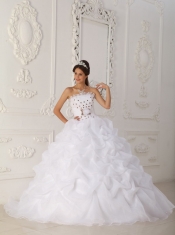 White Ball Gown Strapless Court Train Organza Beading and Hand Flower Quinceanera Dress